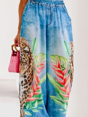 Blue Tropical Leopard Print Wide-Leg Pants